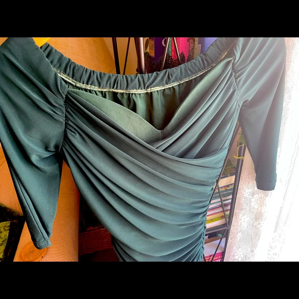Pin-up Girl PUG Large Off-Shoulder Emerald Green Ruched Midi Dress - Picture 8 of 11